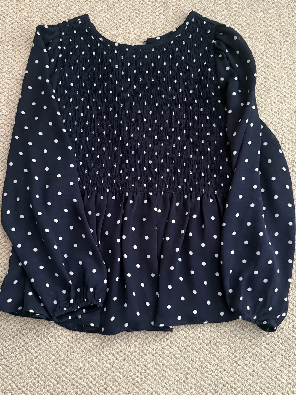 Polka Dot Smocked Peplum Blouse - Navy